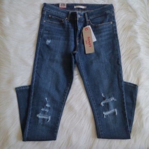 NWT Levis 711 Dark Blue Wash Distressed Skinny Jeans Size 28 - Picture 4 of 7